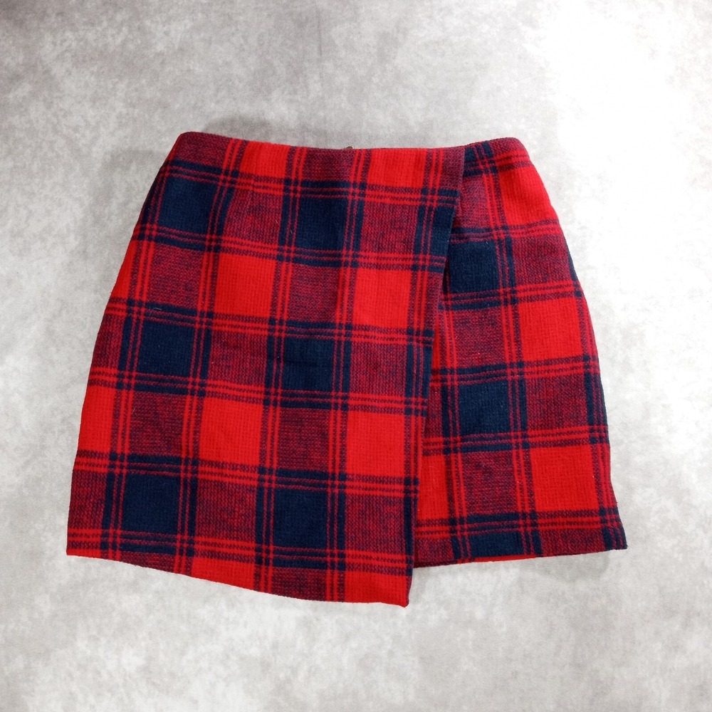 Red Black Plaid Faux Wrap Mini Skirt Womens S Tartan Grunge Academia Mod Punk